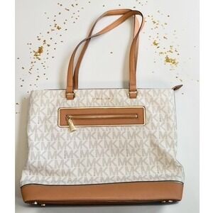 Michael Kors Jet Set East West Tote Vanilla Signature Logo Acorn Tan Leather